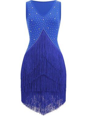 Royal Blue Rhinestone Fringe Tiered Latin Ballroom Dance Dress Flapper Sz M-L